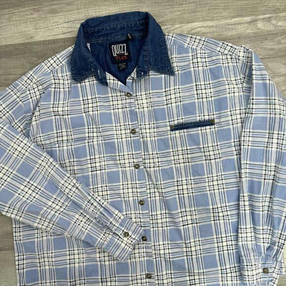 Vintage 90s Plaid Cottagecore Button Front Shirt Denim Collar Size 18 - Picture 1 of 9